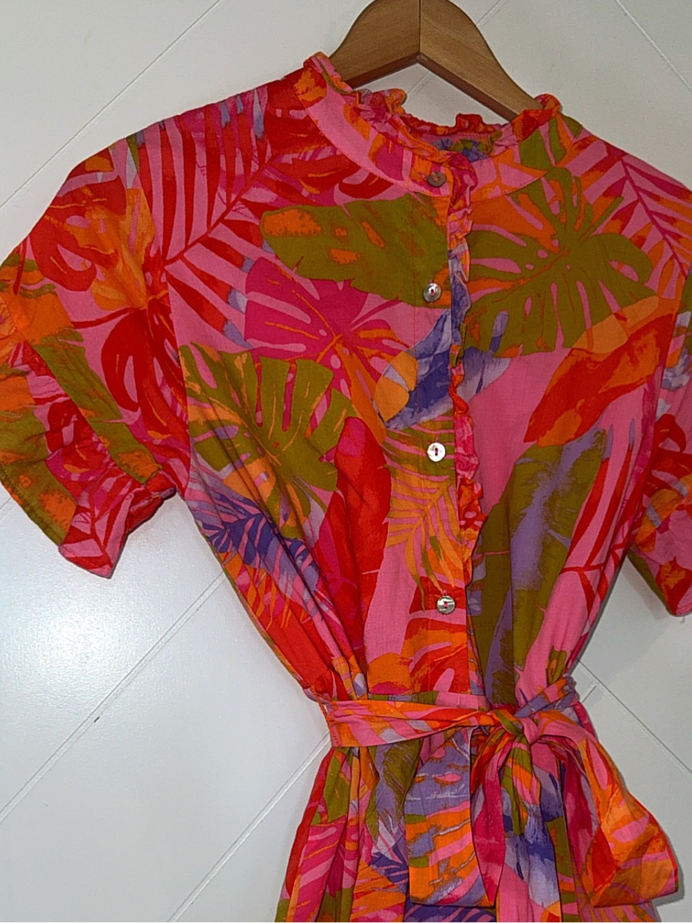 J.Marie $172 Eden Printed Ruffle High Neck Tie Waist A-Line Midi Dress medium - Picture 3 of 11